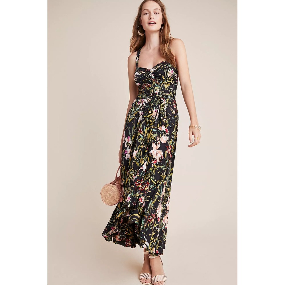 Anthropologie Maeve Gabriela Ruffled Maxi Dress Floral Tropical Tie Waist Medium